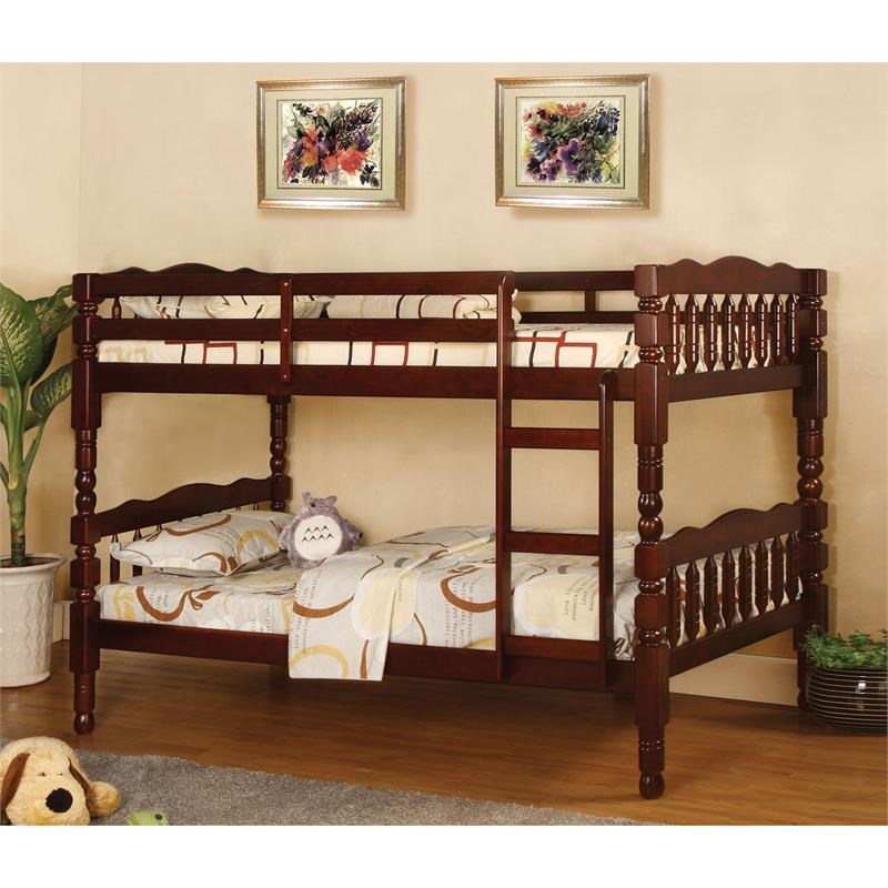 Furniture of America Luchenn Cottage Wood Twin over Twin Bunk Bed in Cherry
