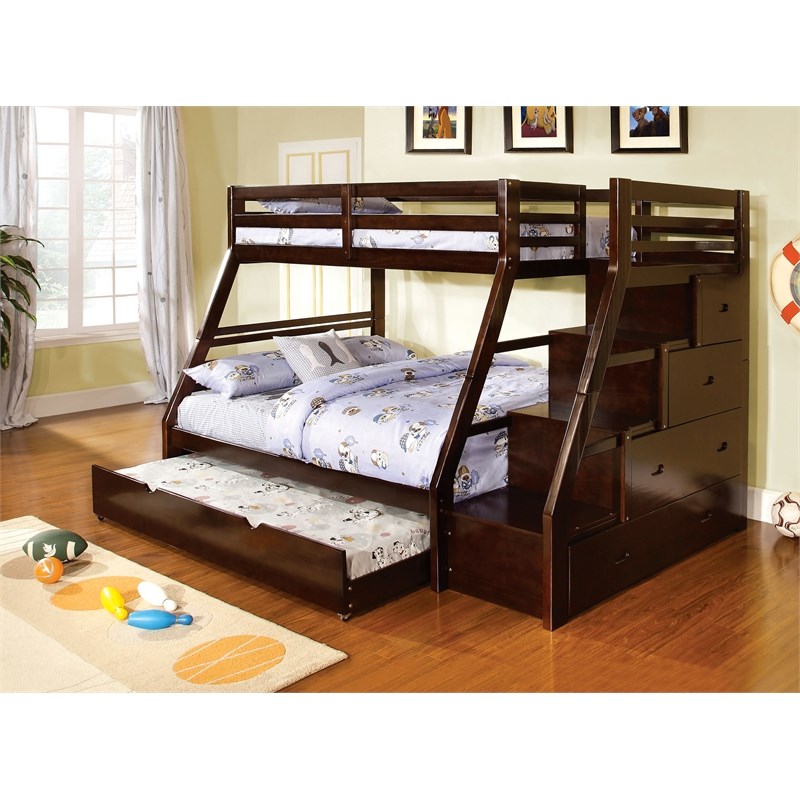 Furniture of America Dannick Wood Twin over Full Storage Bunk Bed in Dark Walnut