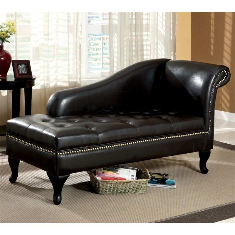 Furniture of America Demetria Faux Leather Tufted Storage Chaise Lounge in Black