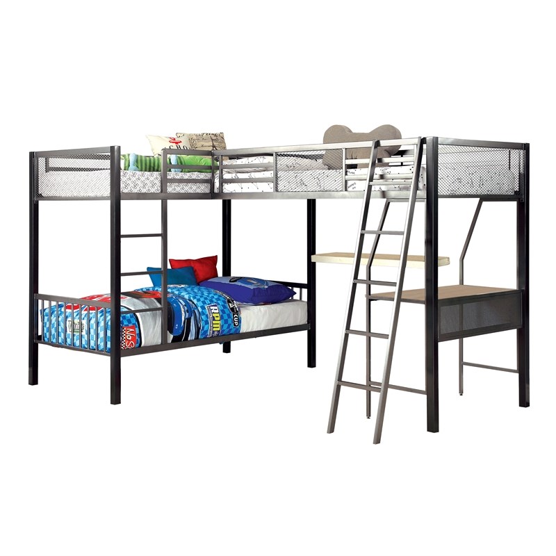 Furniture of America Dax Metal Triple Twin Bunk Bed in Gray and Silver