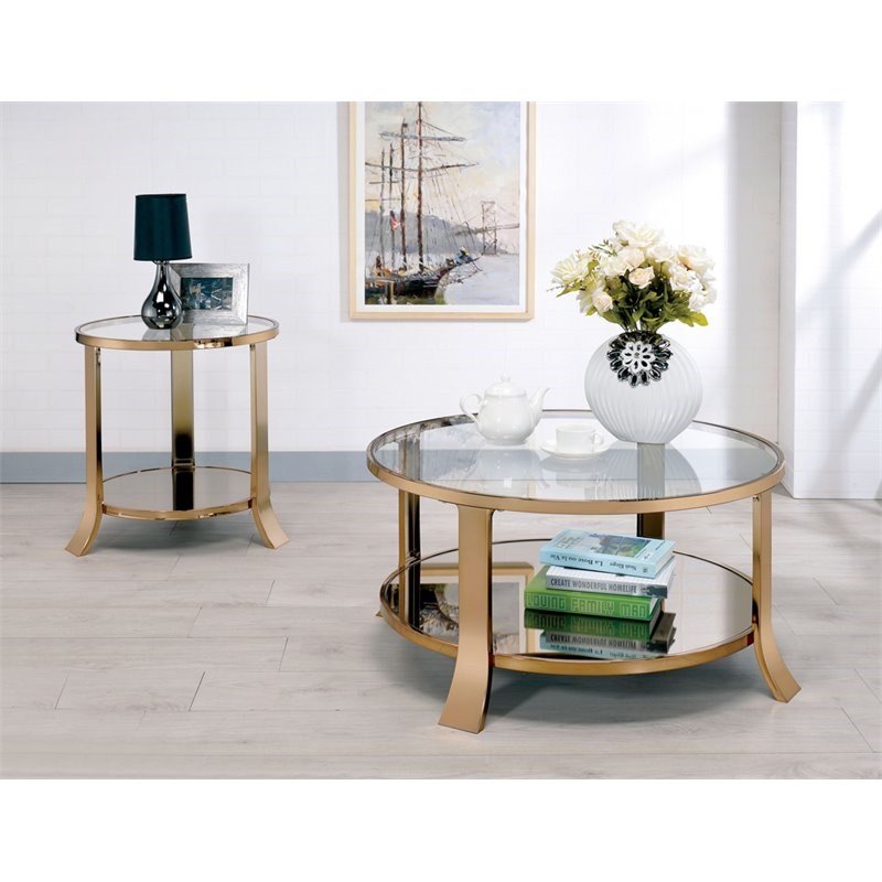 Furniture of America Kela Glass 1-Shelf Coffee Table in Gold Champagne