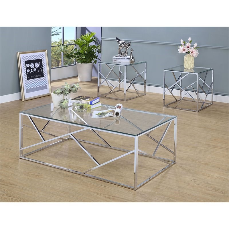 Furniture of America Rosemeade 3-Piece Glass Top Coffee Table Set in Chrome