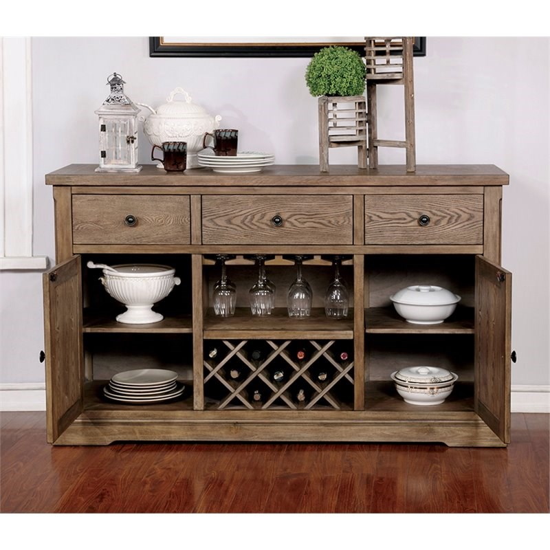 Furniture of America Kora Rustic Wood Wine Rack Buffet in Light Oak ...