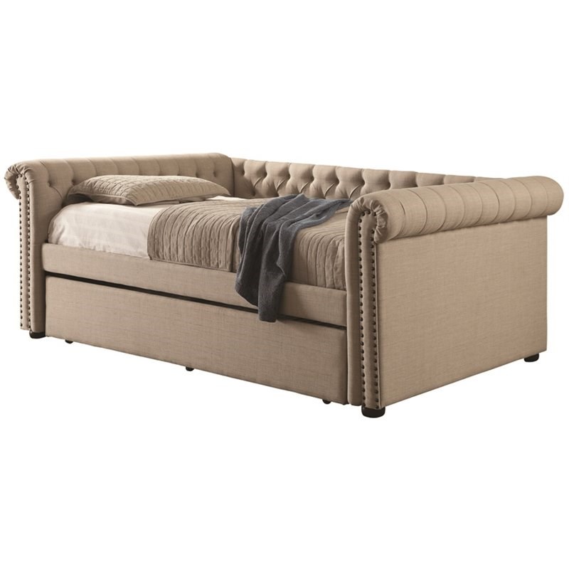 Furniture of America Acnitum Fabric Tufted Queen Daybed with Trundle in Beige Homesquare