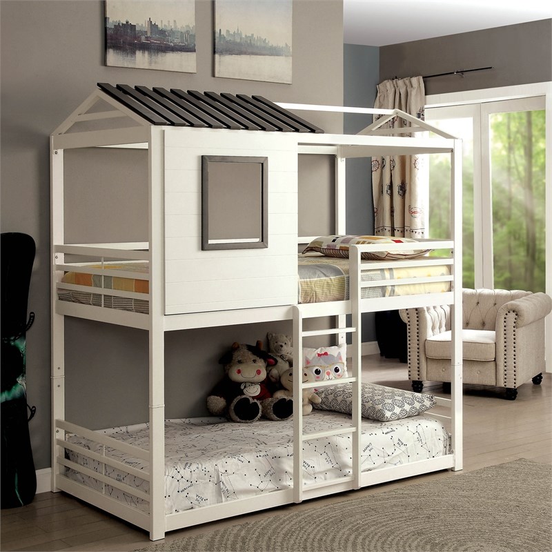 Furniture of America Nesta Transitional Metal Twin over Twin Bunk Bed in White