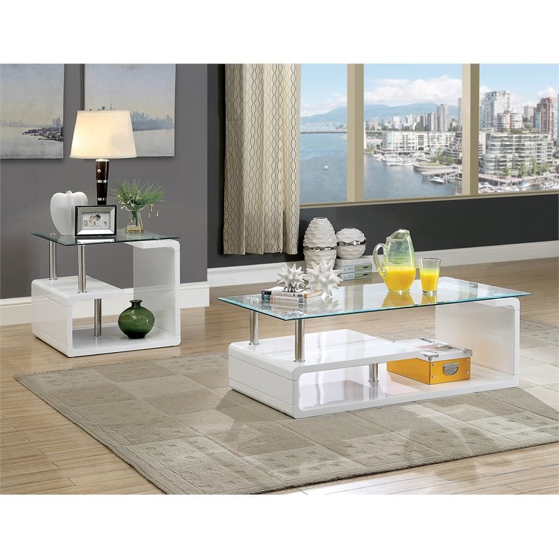 Furniture of America Velencia Glass Geometric End Table in Glossy White