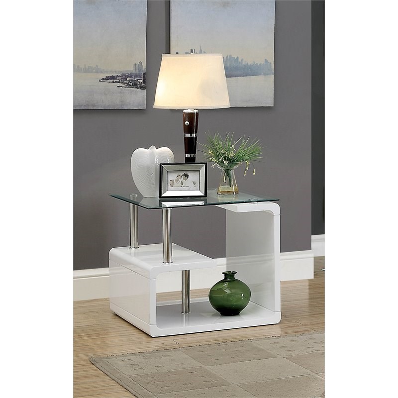 Furniture of America Velencia Glass Geometric End Table in Glossy White