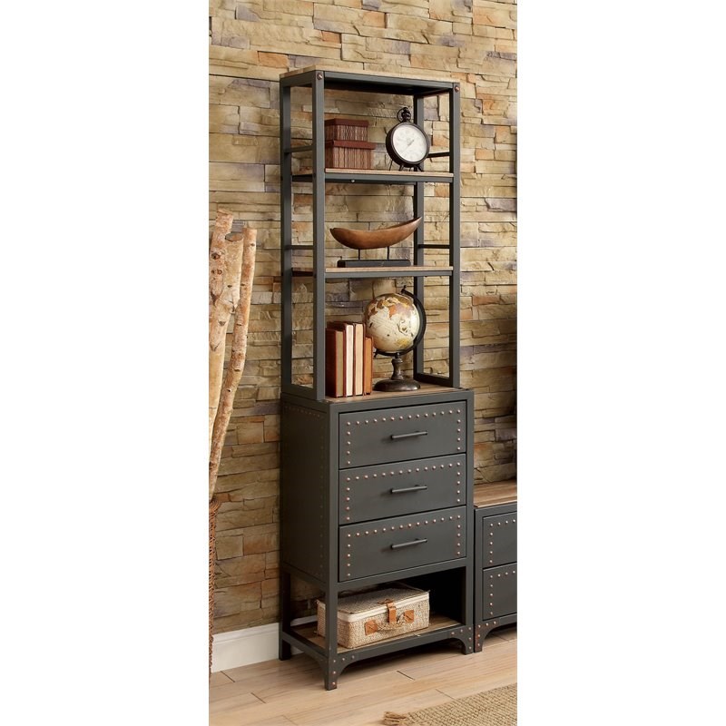 Furniture of America Azlo Industrial Metal Pier Cabinet in Gray and Natural