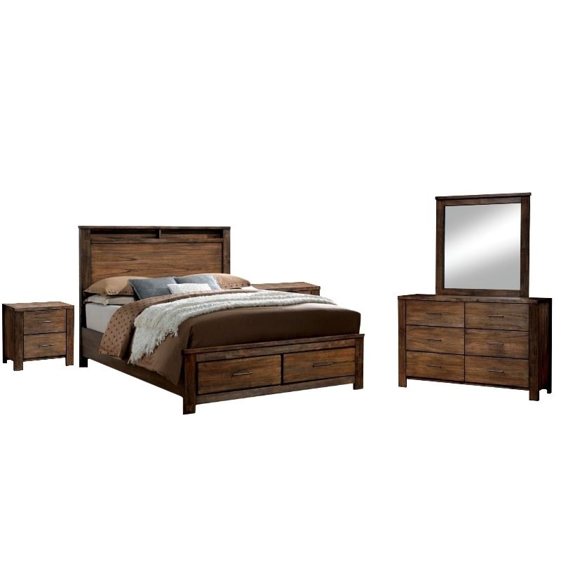 Nangetti Modern 4 Piece Wood Queen Bed with Dresser and 2 Nightstand Set in Oak