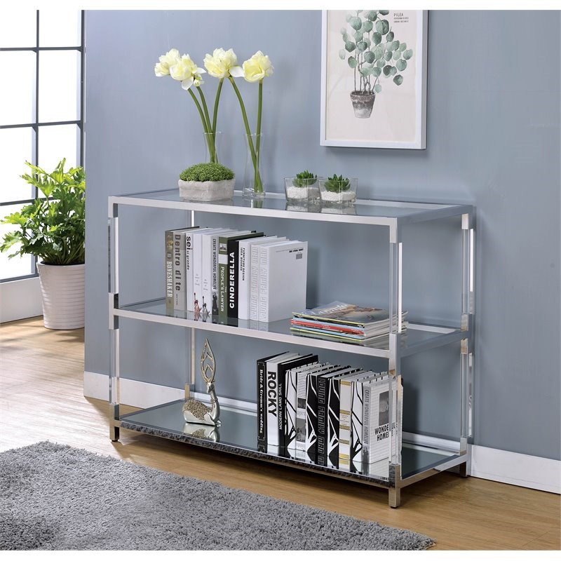Furniture of America Jask Contemporary Glass 2-Shelf Sofa Table in Chrome