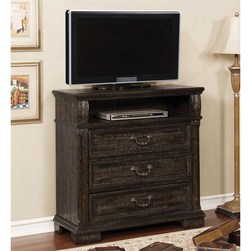 Furniture of America Jeanie Solid Wood 3-Drawer TV Stand in Distressed Walnut