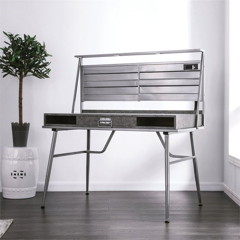 Furniture of America Jairo Industrial Metal 2-Shelf Desk with USB in Silver
