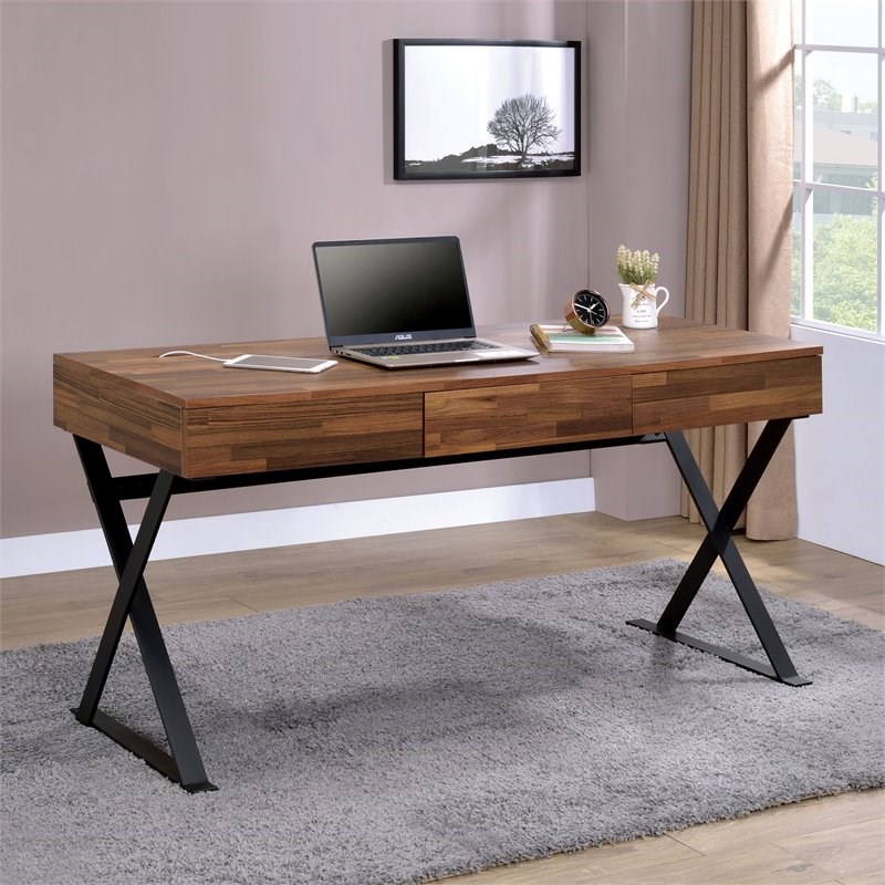 Furniture of America Riley Wood 3-Drawer Writing Desk with USB in Oak and Black