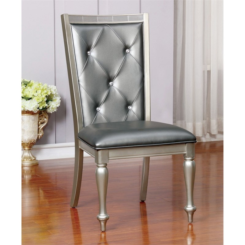 Furniture of America Pekins Faux Leather Dining Chair in Silver (Set of 2)
