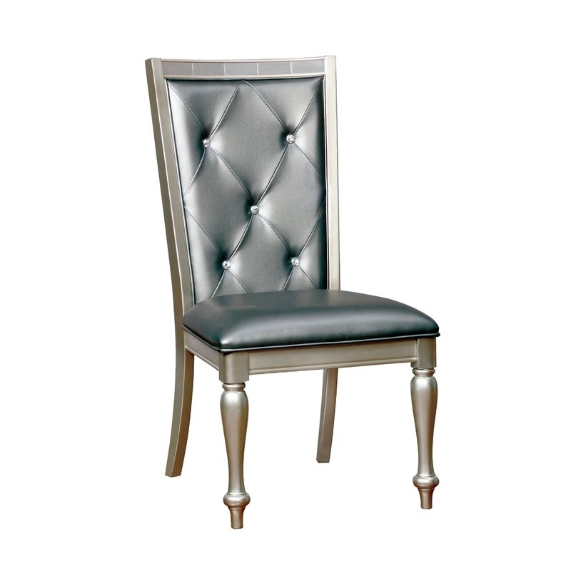 Furniture of America Pekins Faux Leather Dining Chair in Silver (Set of 2)