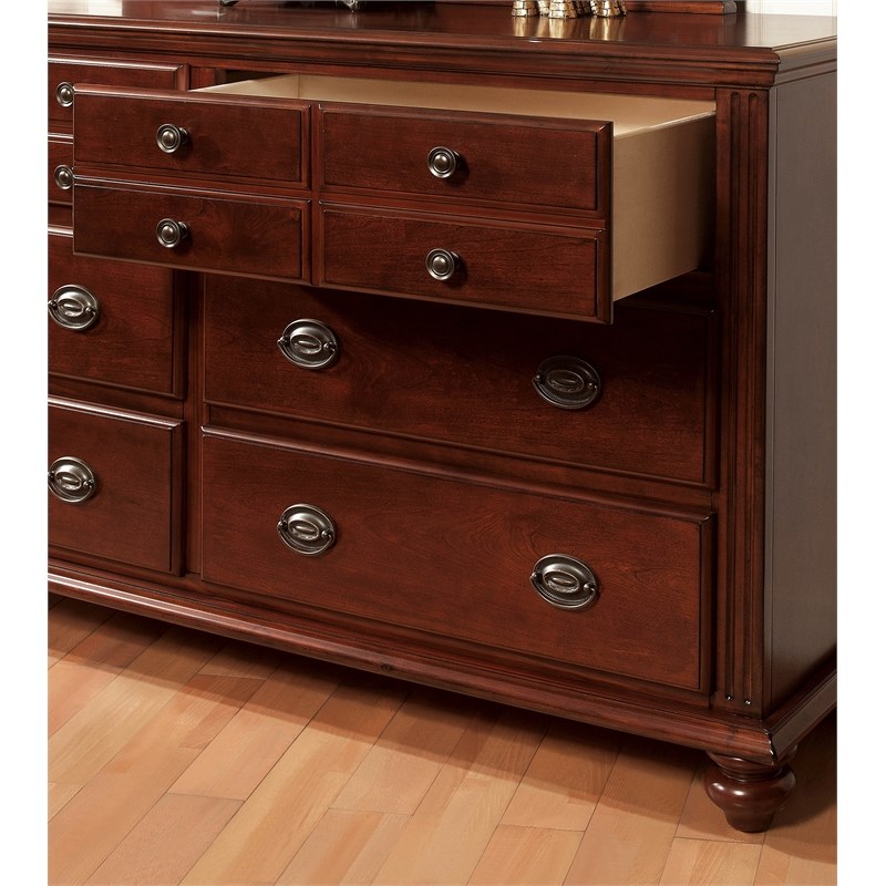 Furniture of America Mills Solid Wood 2-Piece Dresser and Mirror in Cherry