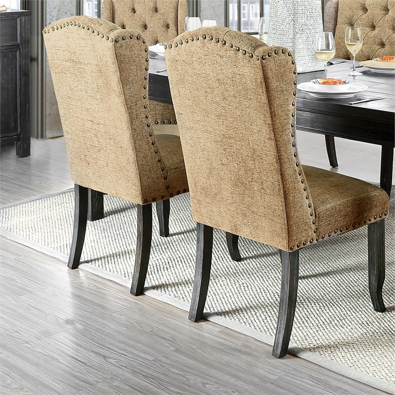 Furniture of America Sinuata Fabric Tufted Side Chair in Gold (Set of 2)