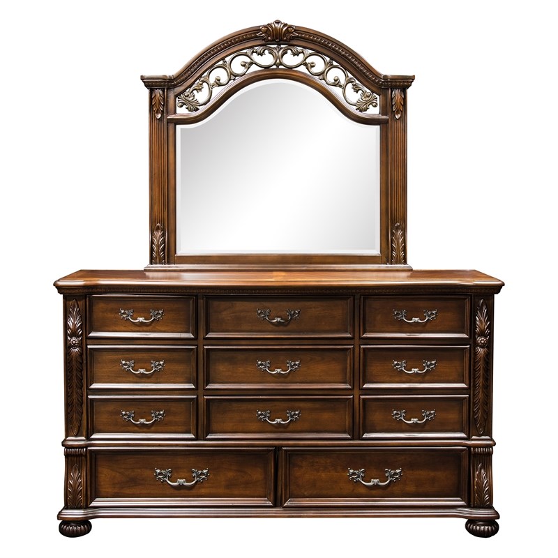 Furniture of America Eleo Solid Wood 2-Piece Dresser and Mirror in Brown Cherry
