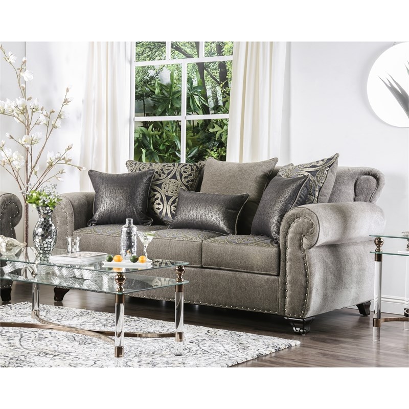 Furniture of America Nevadan Fabric Nailhead Trim Sofa in Gray