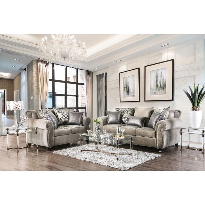 Furniture of America Nevadan Fabric Nailhead Trim Sofa in Gray