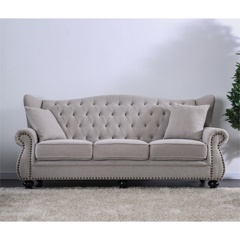 Furniture of America Paulynne Transitional Fabric Tufted Sofa in Light Gray