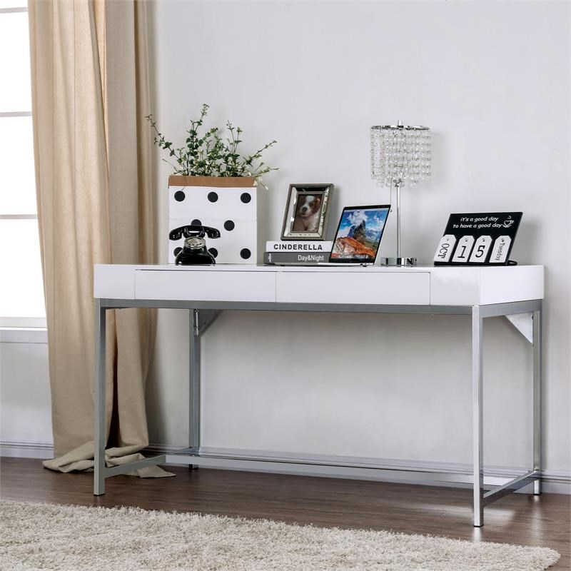 Furniture of America Robertson Wood 2-Drawer Writing Desk with USB in White
