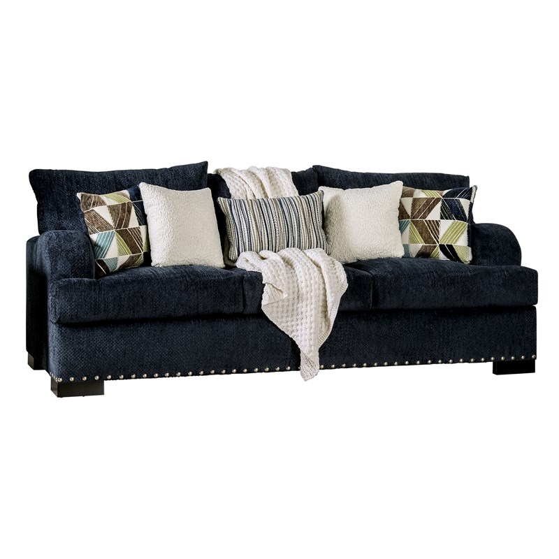 Furniture of America Coriana Contemporary Chenille Upholstered Sofa in Navy