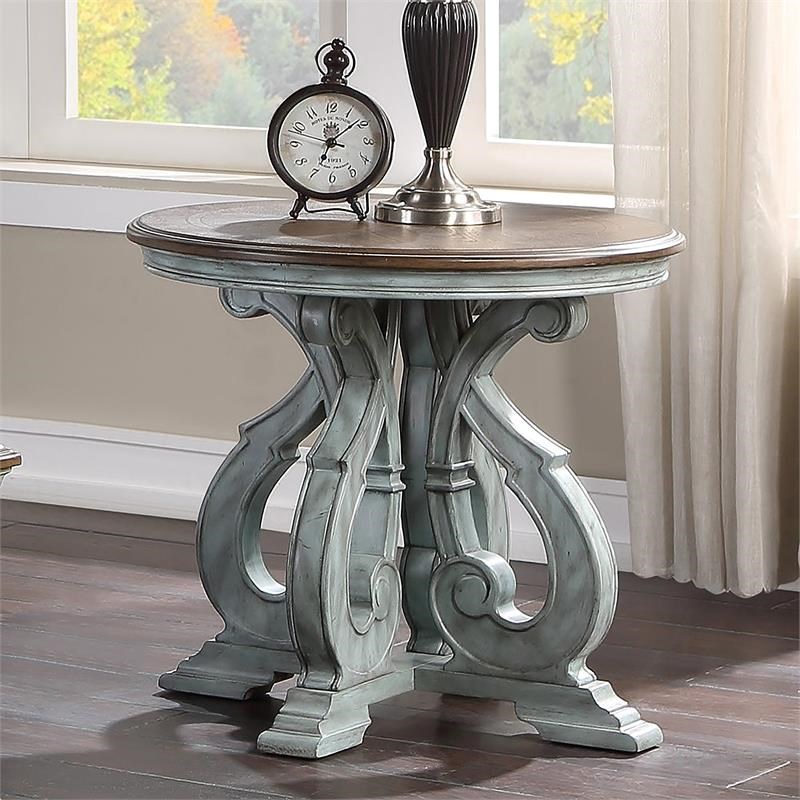 Furniture of America Adelman Solid Wood End Table in Oak and Antique Blue