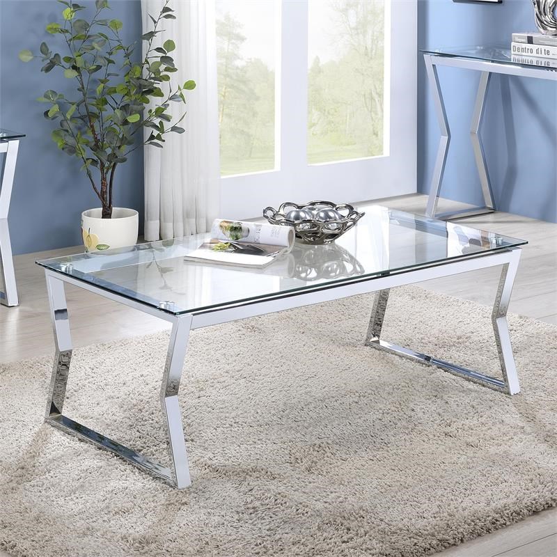 Furniture of America Syann Glass Top 2-Piece Coffee Table Set in Chrome