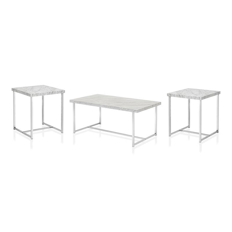 Furniture of America Neera Metal 3-Piece Coffee Table Set in Chrome and White