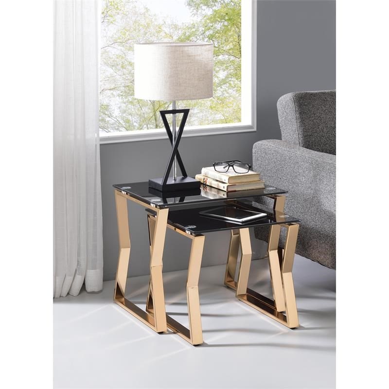 Furniture of America Abair 2Piece Glass Top Nesting Table in Gold