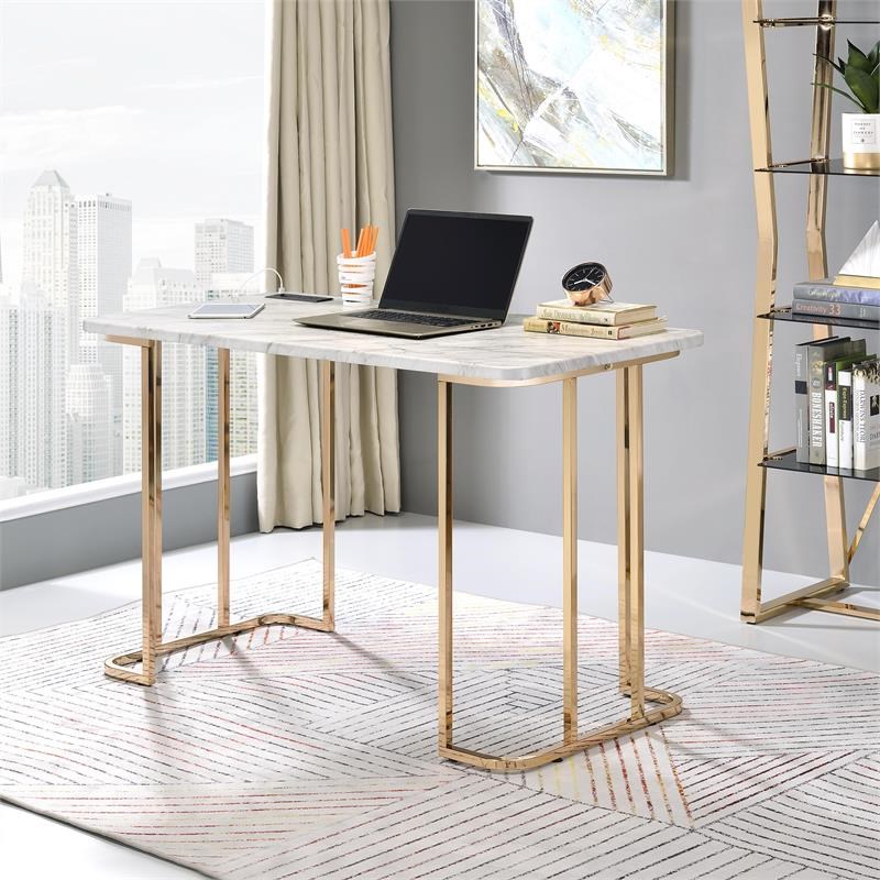 Furniture of America Trentin Contemporary Metal Writing Desk with USB in White