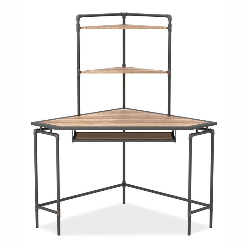 Furniture of America Flak Industrial Wood Corner Desk with Shelves in Sand Black