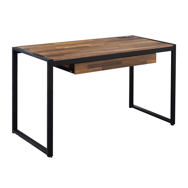 Furniture of America Marra Wood Writing Desk with USB in Sand Black and Natural