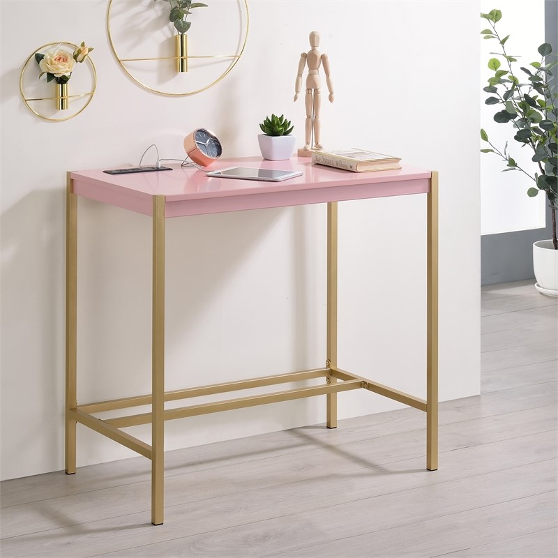 Furniture of America Grae Wood Writing Desk with USB Port in Pink