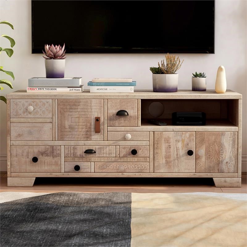 Furniture of America Druze Rustic Solid Wood Multi-Storage TV Stand in Natural