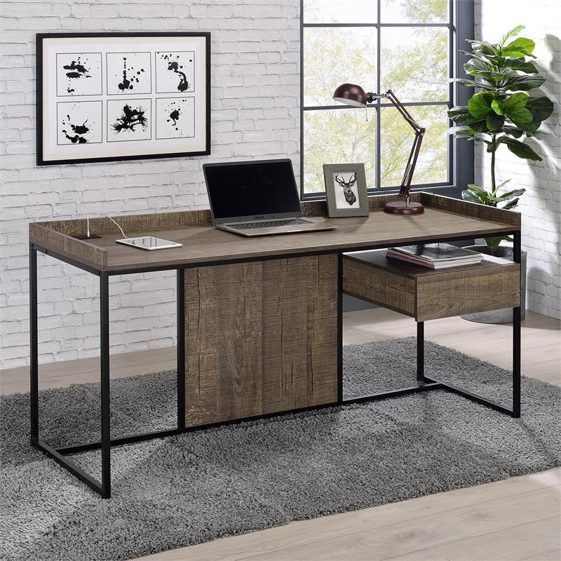 Furniture of America Trela Wood Writing Desk with USB Plug in Oak