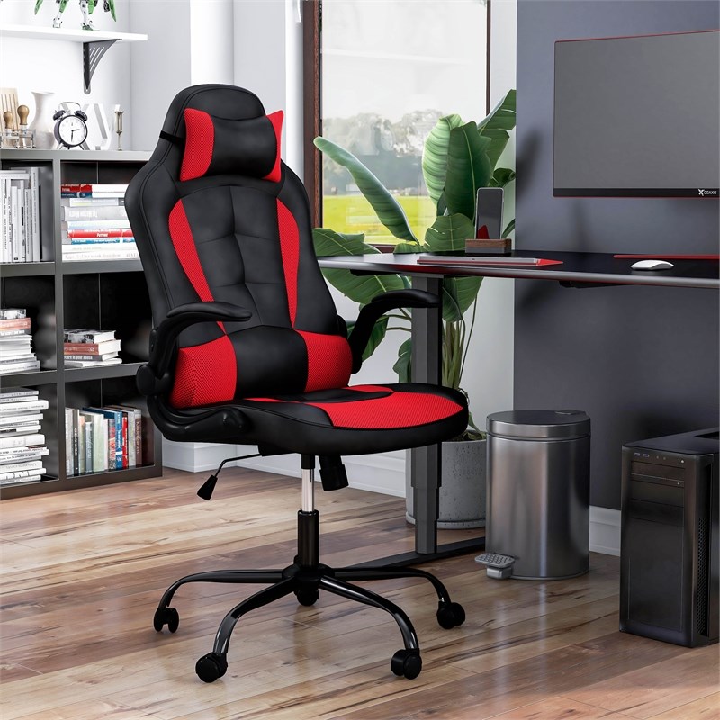 Furniture of America Elon Contemporary Faux Leather Swivel Gaming Chair in Red