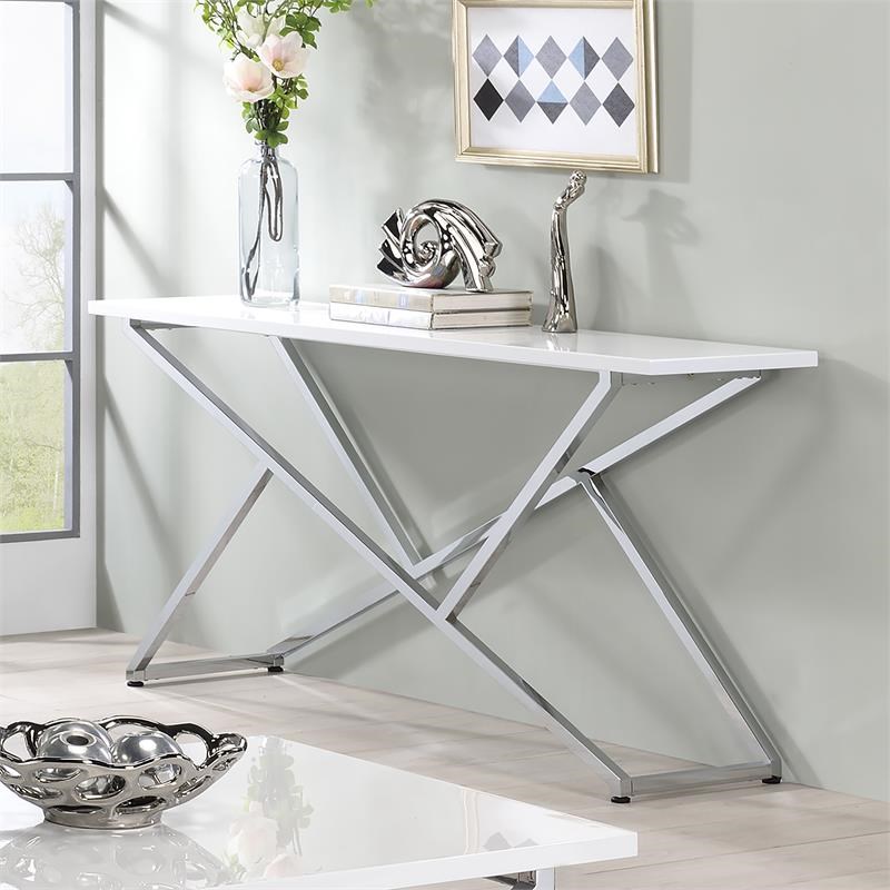 Furniture of America Mergo Wood Rectangular Console Table in Chrome and White