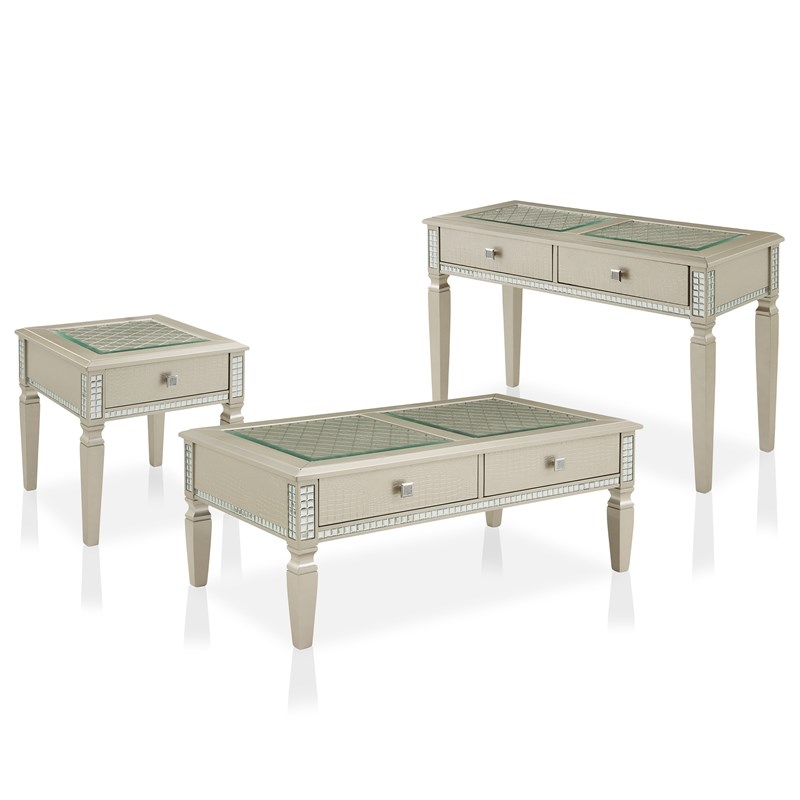 Furniture of America Diffin Transitional Wood 3-Piece Coffee Table Set in Silver