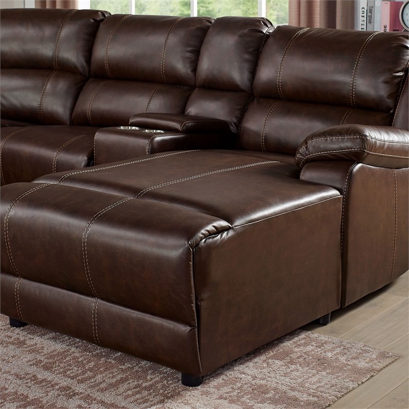Furniture of America Cation Faux Leather J-Shape Reclining Sectional in Brown