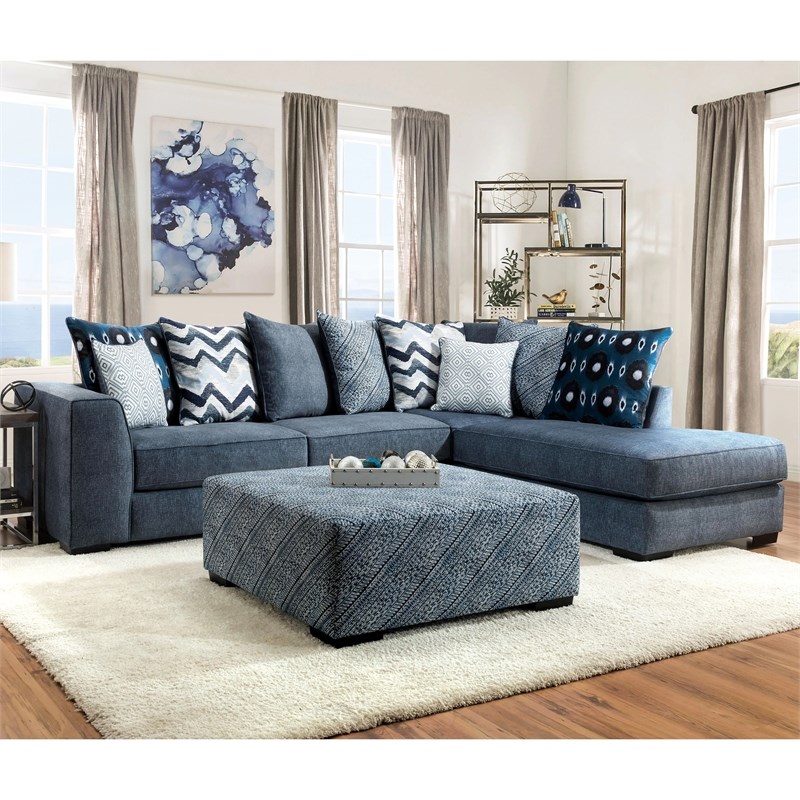 Furniture of America Maegesh Microfiber Sectional with Ottoman in Blue