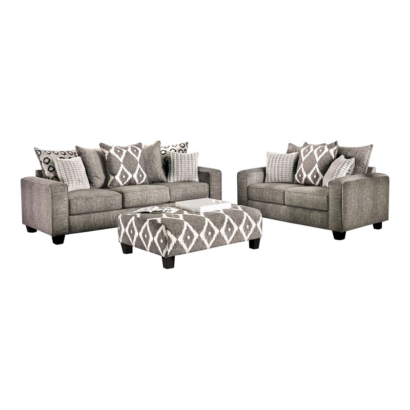 Furniture of America Amberly Fabric 3-Piece Sofa Set with Ottoman in Gray