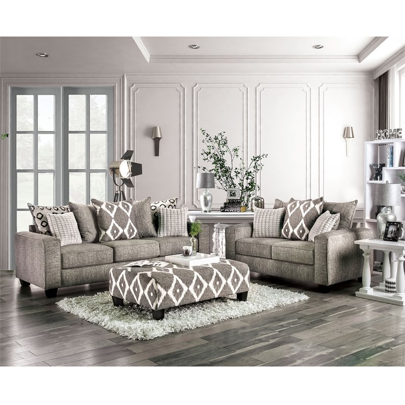 Furniture of America Amberly Fabric 3-Piece Sofa Set with Ottoman in Gray