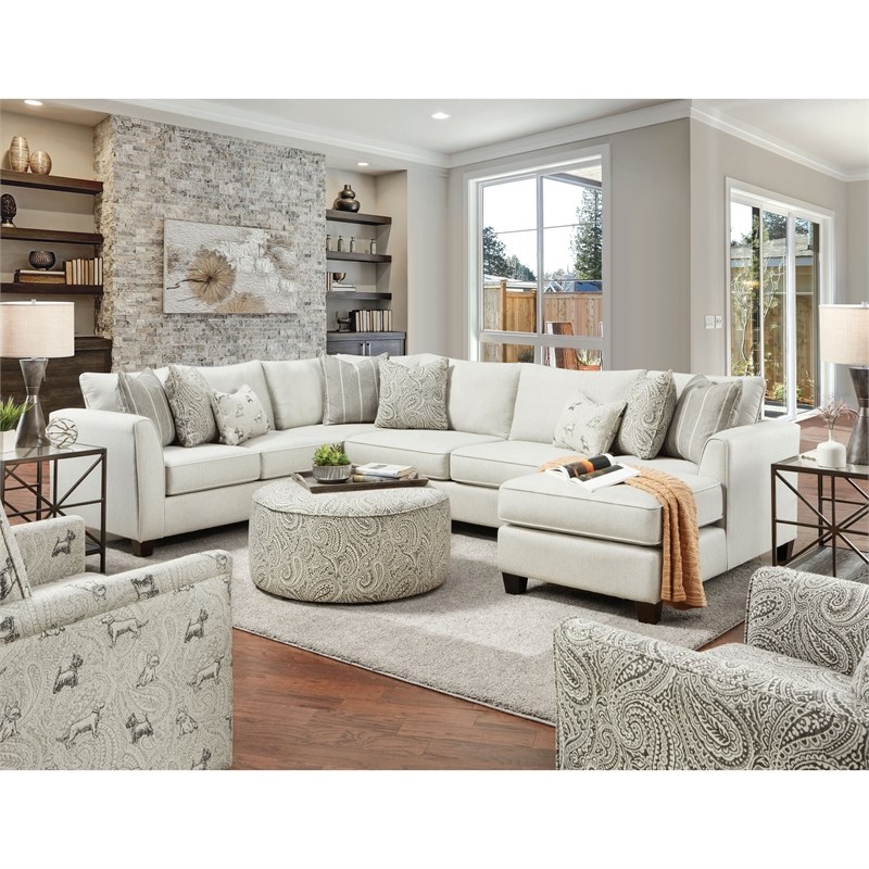 Furniture of America Kastra Transitional Chenille J-Shape Sectional in Ivory