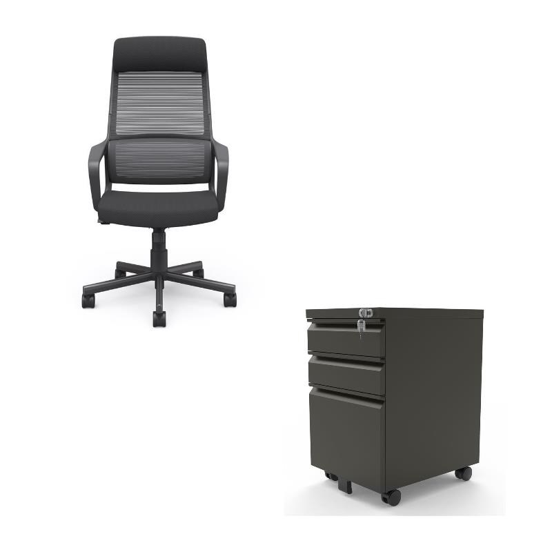 Tilah Modern Gray Metal 3-Piece Filing Cabinet and Office Chair Set