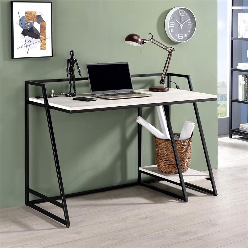 Furniture of America Sanue Metal Writing Desk with USB in Antique White