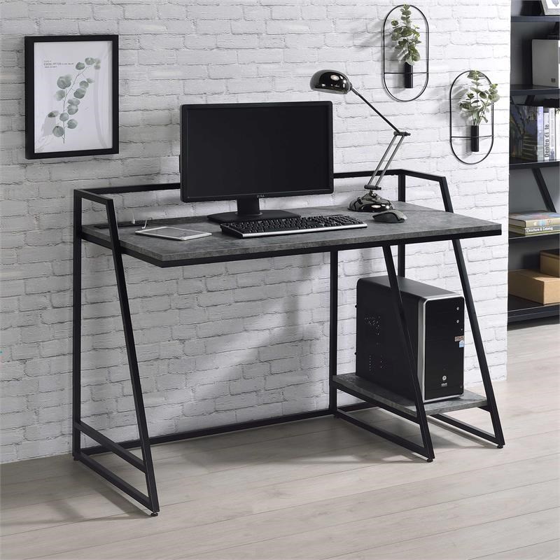 Furniture of America Sanue Metal Writing Desk with USB in Light Gray
