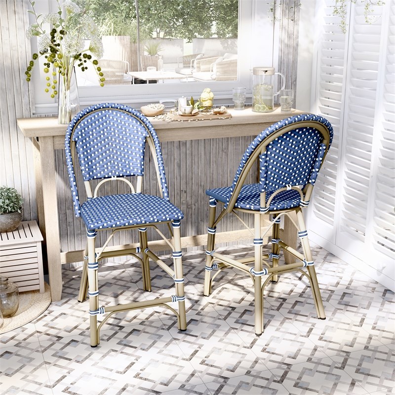 Furniture of America Reo Aluminum Patio Counter Dining Chair in Blue (Set of 2)