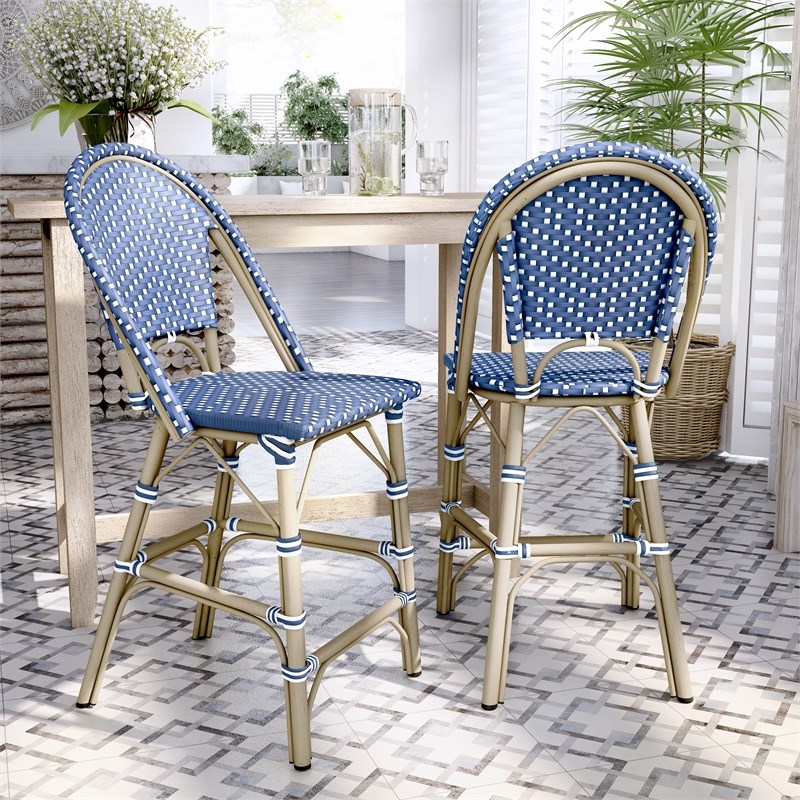 Furniture of America Reo Aluminum Patio Counter Dining Chair in Blue (Set of 2)